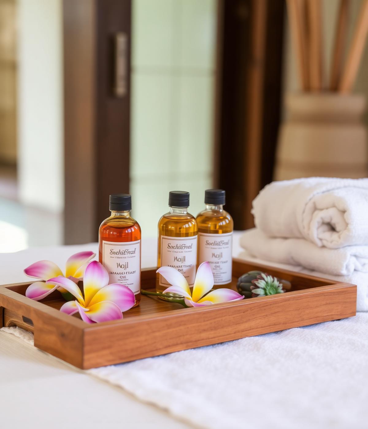 Aromatherapy massage oils and spa setting